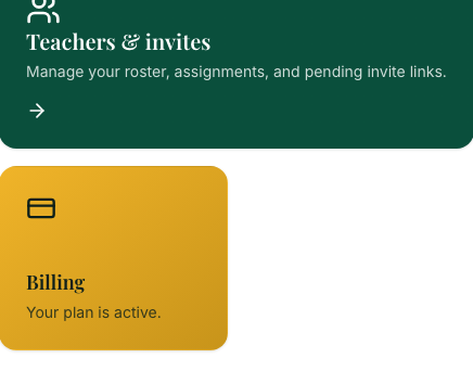 The shortcut cards for teachers, lesson planner, branding and billing