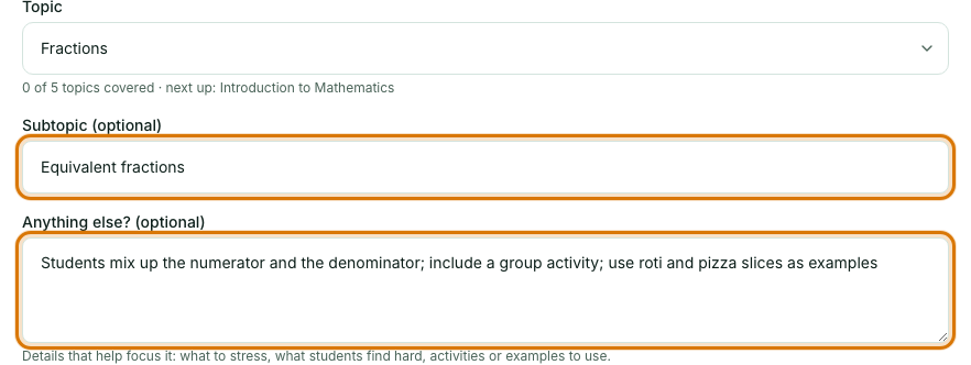 The two boxes filled in with a subtopic and a note about the class