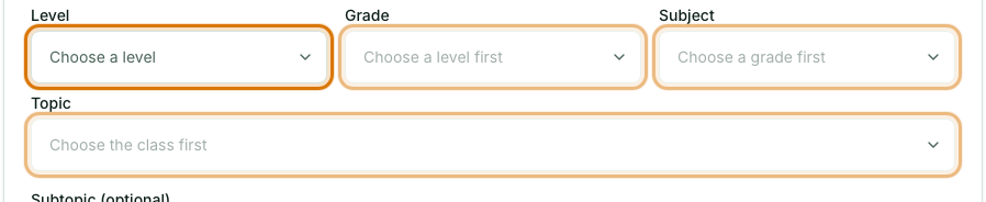 The Level, Grade, Subject and Topic boxes side by side