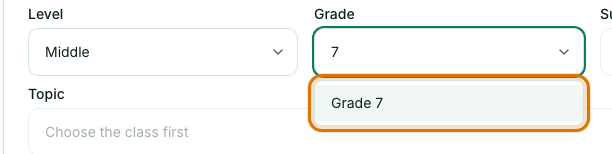 The Grade list narrowed after typing 7