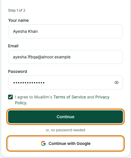 Step 1 of 2: name, email and password boxes, the terms box, and the Continue and Continue with Google buttons
