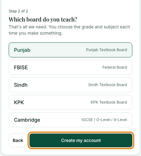 Step 2 of 2: the list of boards, Punjab selected, with the Create my account button