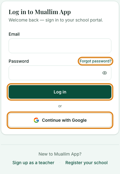 The sign-in page with Log in, Forgot password and Continue with Google outlined