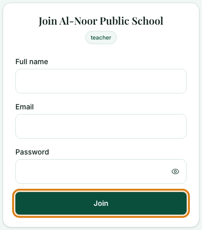 The invite page with name, email and password boxes and the Join button
