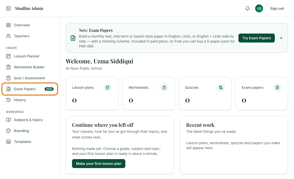 The left menu with Exam Papers outlined under Create