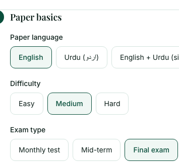 Step 2 showing paper language, difficulty and exam type