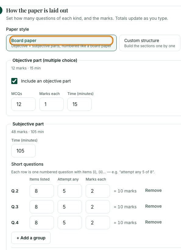 Step 3 showing Board paper selected, with the objective and subjective parts