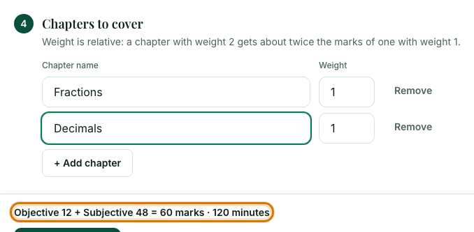 Step 4 with two chapters entered and the total marks line outlined