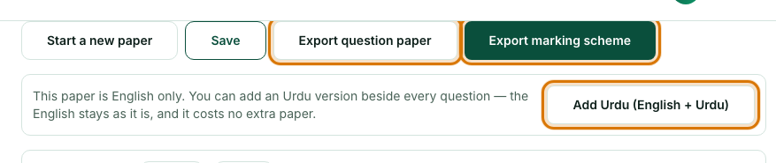 The finished paper with Export question paper, Export marking scheme and Add Urdu outlined