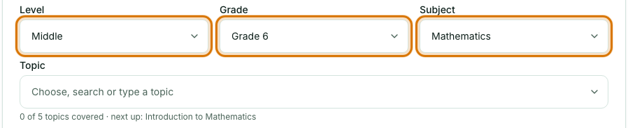 The Level, Grade and Subject boxes filled in with Middle, Grade 6 and Mathematics