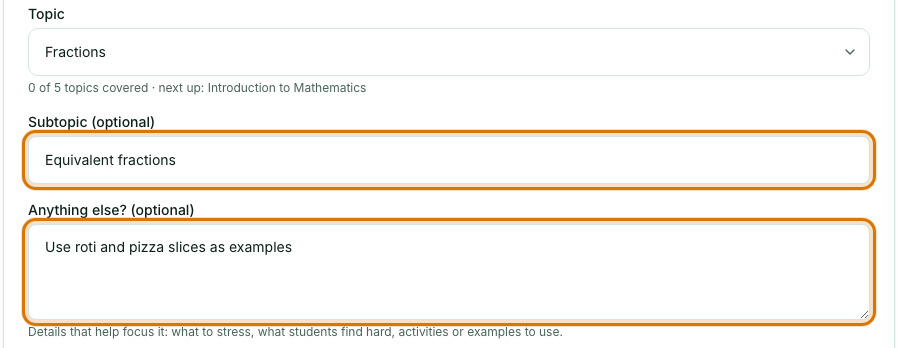 The Subtopic and Anything else? boxes filled in