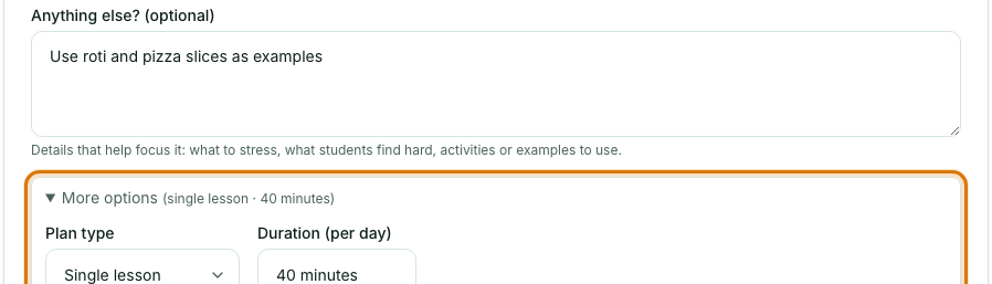 The More options section opened