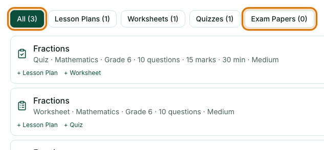 The tabs All, Lesson Plans, Worksheets, Quizzes and Exam Papers, each with a count