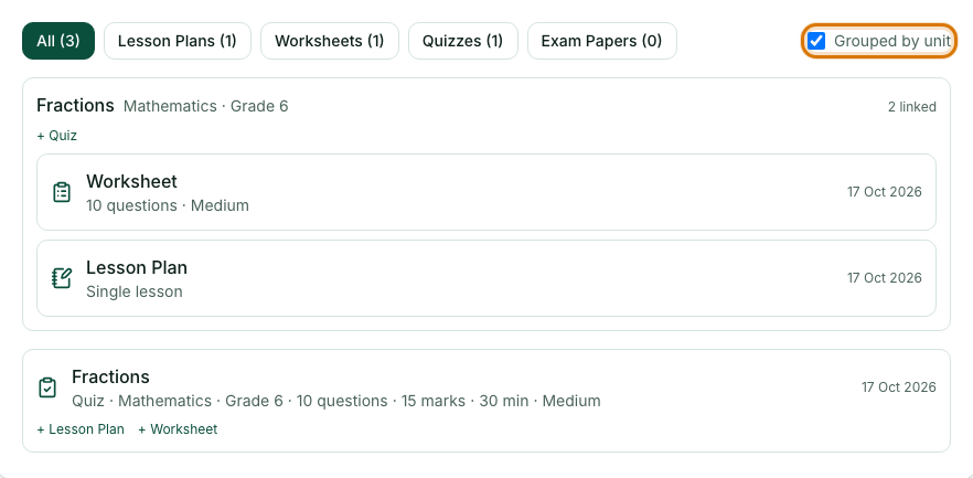 The Grouped by unit box ticked, with a worksheet and lesson plan grouped as one unit