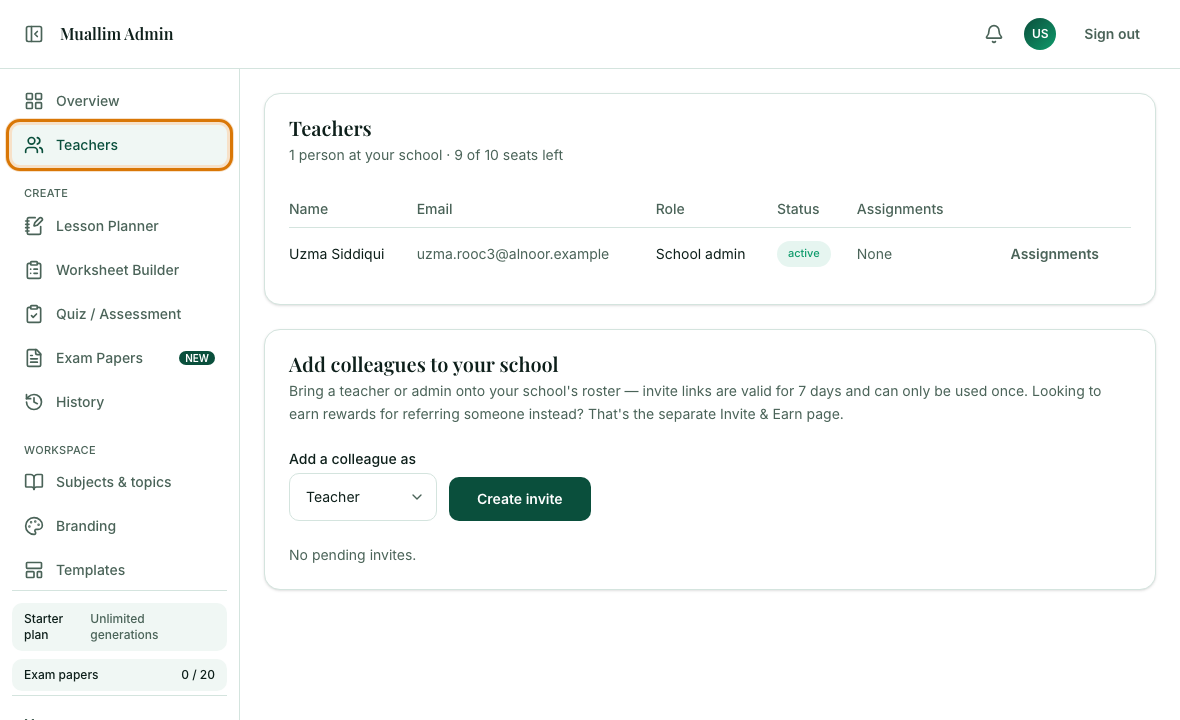 The left menu with Teachers outlined