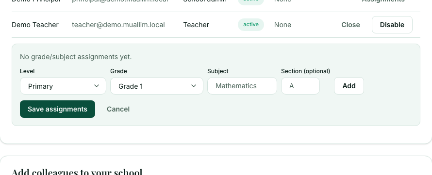 The assignments panel with Level, Grade, Subject and Section boxes and a Save assignments button