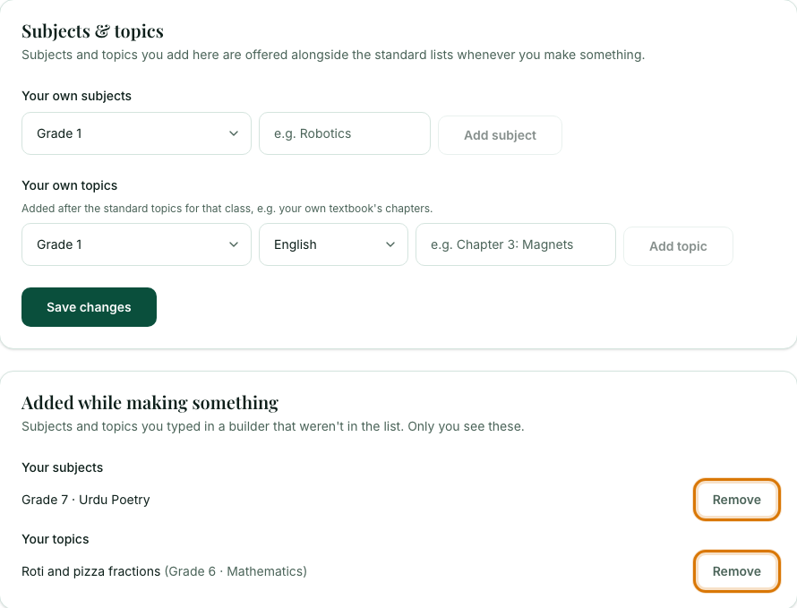 The Subjects and topics page listing the added subject and topic, each with a Remove button
