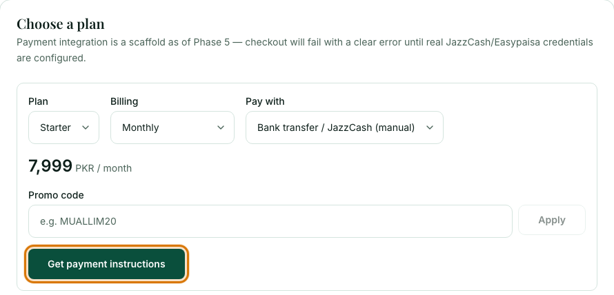 The Choose a plan form with plan, billing period, payment method and the Get payment instructions button