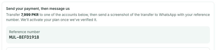 The payment instructions showing the amount and the reference number