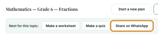 The lesson plan with Export PDF and Share on WhatsApp outlined