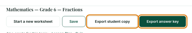 A worksheet with Export student copy and Export answer key outlined