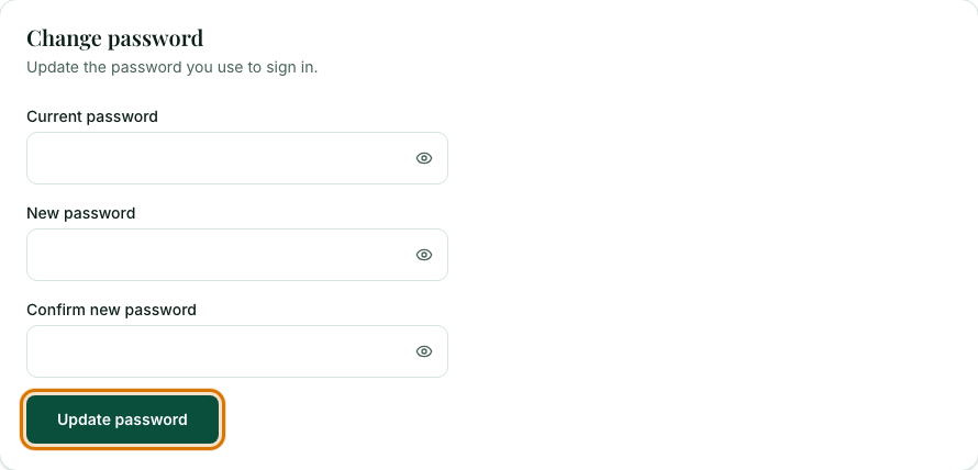 The Change password form with the Update password button