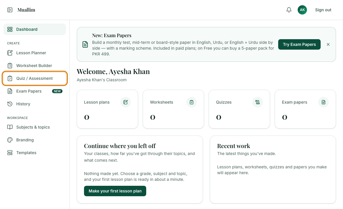 The left menu with Quiz / Assessment outlined under Create