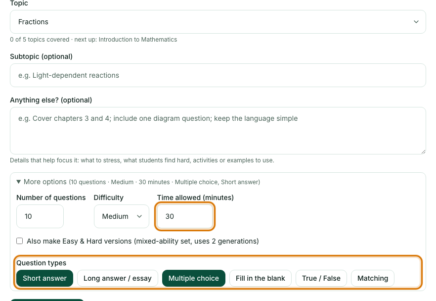More options with Time allowed and the question types outlined