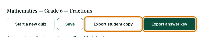 The quiz title with the Export student copy and Export answer key buttons outlined