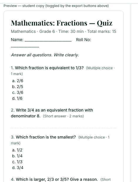 The quiz preview showing the time allowed, total marks and the marks beside each question