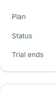 The Billing page showing the plan, its status and the date the trial ends
