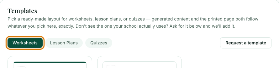 The Templates page with the Worksheets, Lesson Plans and Quizzes tabs and the Request a template button