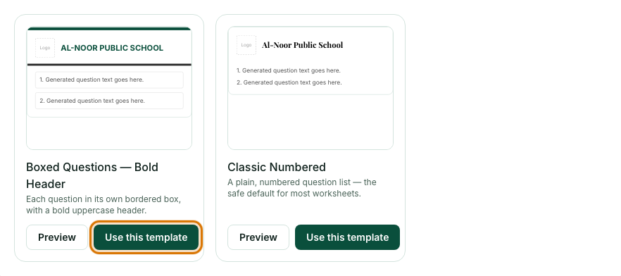 Two templates, each with Preview and Use this template buttons