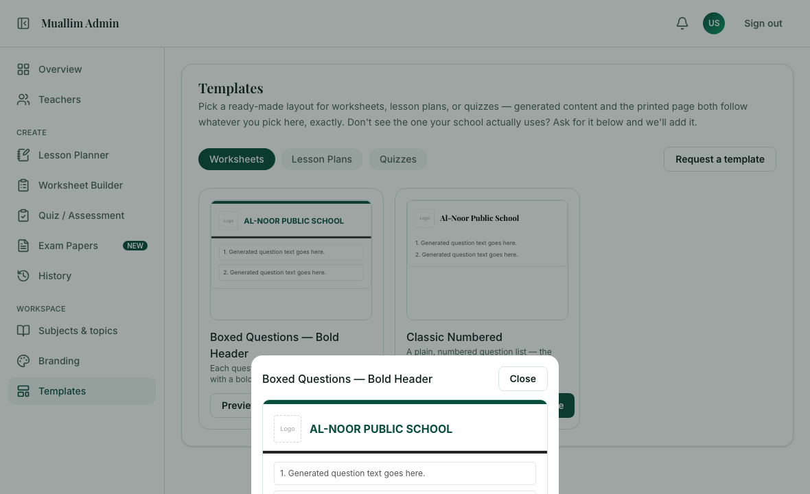 A template shown larger in a preview