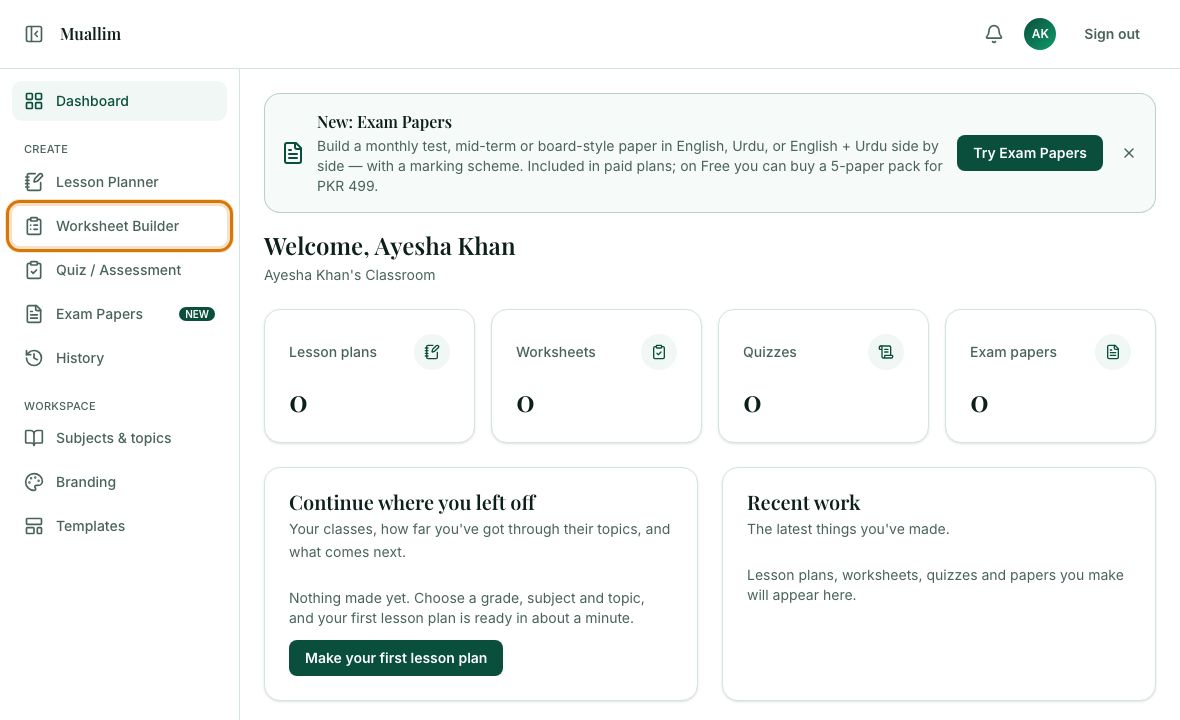 The left menu with Worksheet Builder outlined under Create
