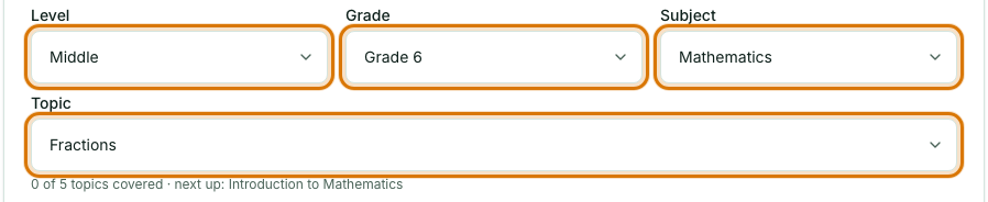 The Level, Grade, Subject and Topic boxes filled in for Grade 6 Mathematics, Fractions