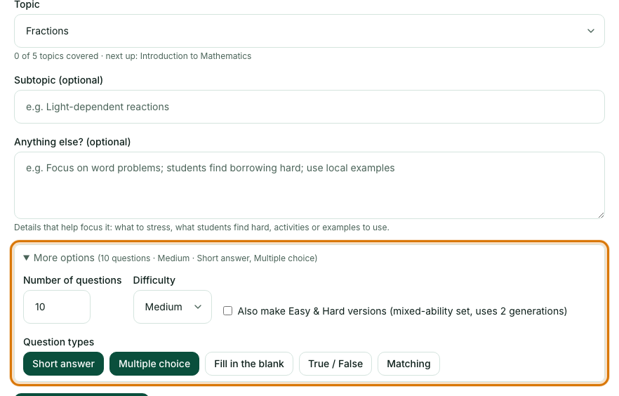 The More options section showing number of questions, difficulty and question types