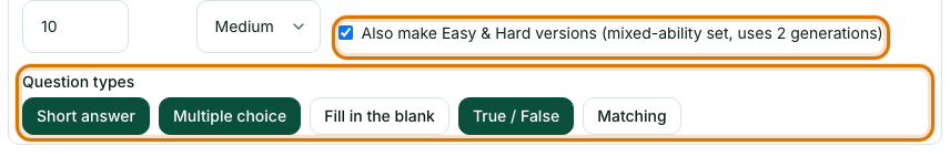 The question type buttons, with the Easy and Hard versions checkbox above them