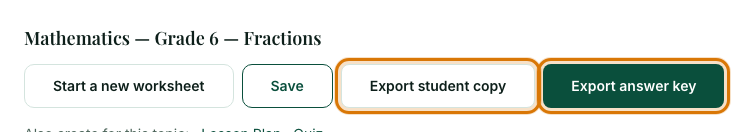 The worksheet title with the Export student copy and Export answer key buttons outlined