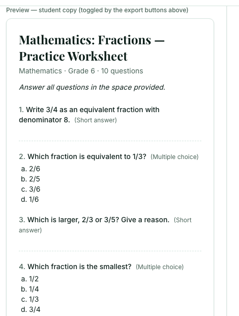 The student copy preview of a Fractions worksheet with its title and instructions