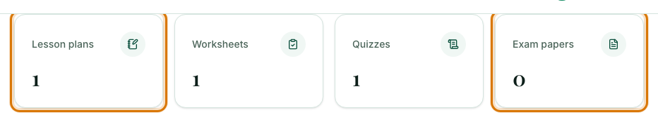 The row of counts for lesson plans, worksheets, quizzes and exam papers