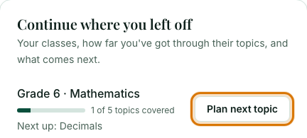 Grade 6 Mathematics with 1 of 5 topics covered, the next topic and a Plan next topic button