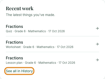 The Recent work list with See all in History outlined